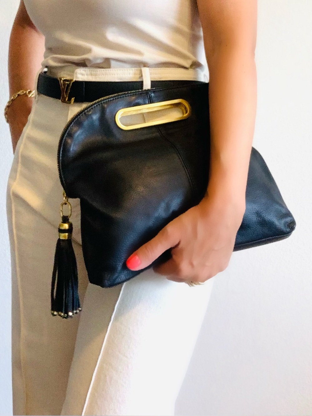 BCBGMaxAzria Black foldable Clutch ,tassel charm with Gold Details. - Picture 2 of 16